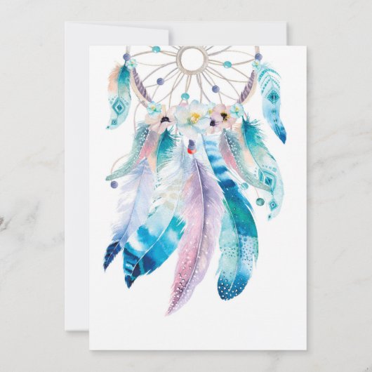 ボホティール（緑がかった色）とパープルドリームキャッチャー赤ちゃんシャワー 招待状 (裏面)