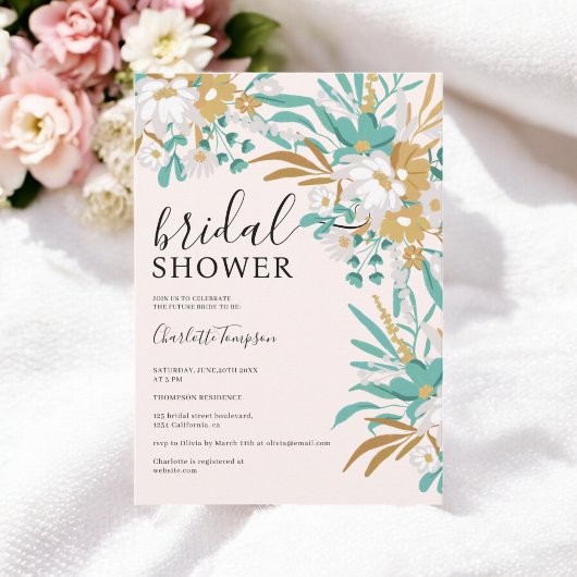 ボホティール（緑がかった色）と金ゴールドフローラロマンチックブライダルシャワー 招待状