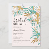 ボホティール（緑がかった色）と金ゴールドフローラロマンチックブライダルシャワー 招待状 (正面)