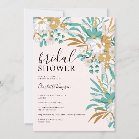 ボホティール(緑がかった色)と金ゴールドフローラロマンチックブライダルシャワー 招待状 (正面)