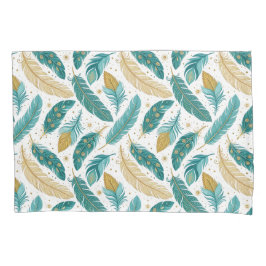 ボホティール（緑がかった色）と金ゴールド羽 枕カバー