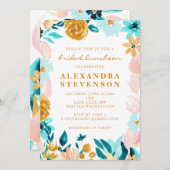 ボホティール（緑がかった色）ウオータカラーフローラブライダルルンチョン 招待状 (正面/裏面)