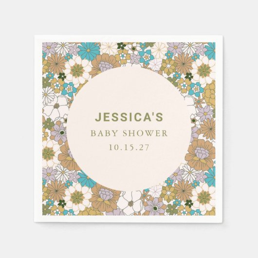ボホティール（緑がかった色）ブラウンフローラかわいい赤ちゃんシャワーカスタム スタンダードカクテルナプキン (正面)
