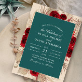 ボホティール（緑がかった色）ブルゴーニュバラ結婚式招待状 招待状