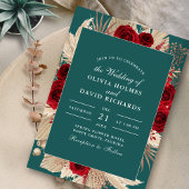 ボホティール（緑がかった色）ブルゴーニュバラ結婚式招待状 招待状