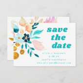 ボホティール(緑がかった色)ブルーと金ゴールド水彩フローラ結婚ズ セーブザデート (正面/裏面)