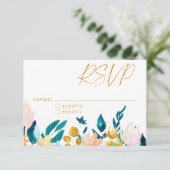 ボホティール（緑がかった色）ブルーと金ゴールド水彩フローラ結婚ズ 出欠カード (スタンド正面)