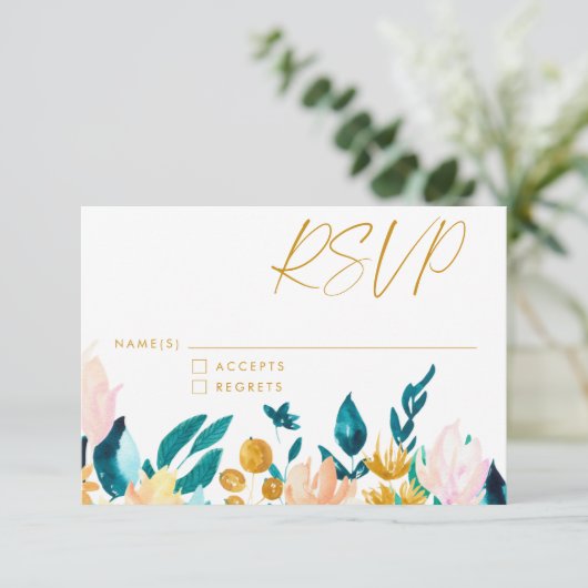 ボホティール(緑がかった色)ブルーと金ゴールド水彩フローラ結婚ズ 出欠カード (スタンド正面)