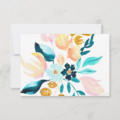 ボホティール（緑がかった色）ブルーと金ゴールド水彩フローラ結婚ズ 出欠カード (裏面)