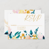 ボホティール（緑がかった色）ブルーと金ゴールド水彩フローラ結婚ズ 出欠カード (正面/裏面)