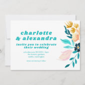 ボホティール（緑がかった色）ブルーと金ゴールド水彩フローラ結婚ズ 招待状 (正面)