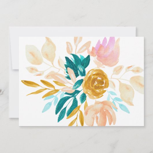 ボホティール（緑がかった色）ブルーと金ゴールド水彩フローラ結婚ズ 招待状 (裏面)