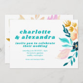 ボホティール（緑がかった色）ブルーと金ゴールド水彩フローラ結婚ズ 招待状 (正面/裏面)