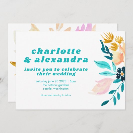 ボホティール（緑がかった色）ブルーと金ゴールド水彩フローラ結婚ズ 招待状 (正面/裏面)