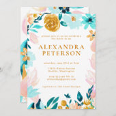 ボホティール（緑がかった色）ブルーと金ゴールド水彩フローラ結婚ズ 招待状 (正面/裏面)