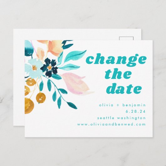 ボホティール(緑がかった色)ブルーと金ゴールド水彩フローラ結婚ズ 案内ポストカード (正面/裏面)