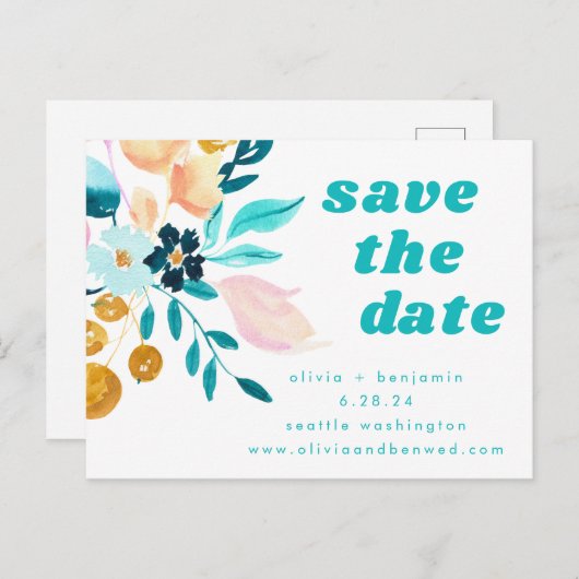 ボホティール(緑がかった色)ブルーと金ゴールド水彩フローラ結婚ズ 案内ポストカード (正面/裏面)