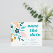 ボホティール(緑がかった色)ブルーと金ゴールド水彩フローラ結婚ズ 案内ポストカード (スタンド正面)