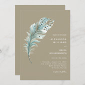 ボホティール（緑がかった色）ブルーフェザーミニマルサンディベージュ 招待状 (正面/裏面)