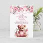 ボホテディベアガールピンクベアフローラ誕生日 招待状 (スタンド正面)
