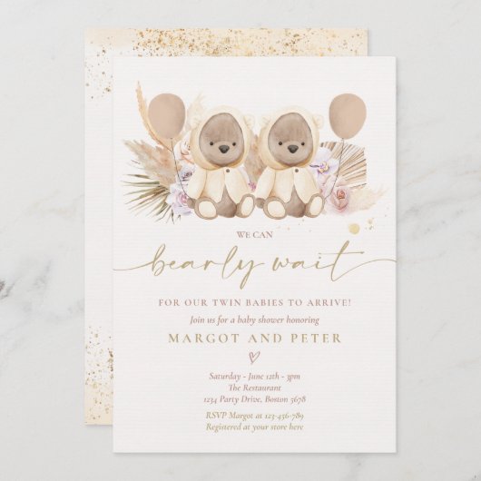 ボホテディベアツイン男女兼用ベビーシャワー 招待状 (正面/裏面)
