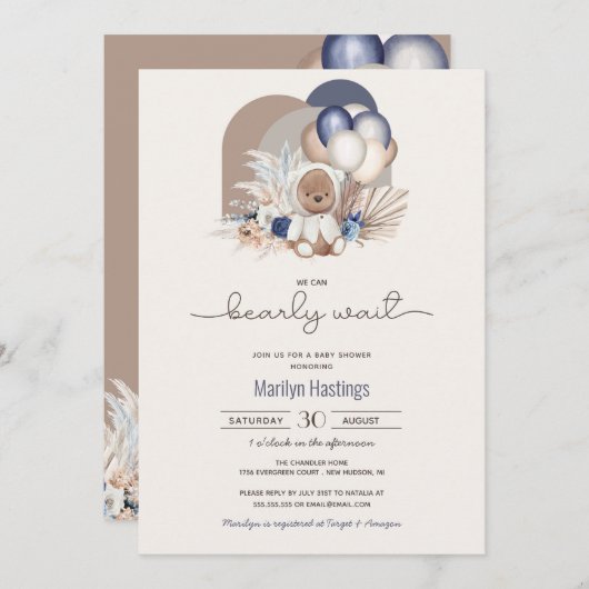 ボホテディベア&バルーンズが赤ちゃんシャワーを待つ 招待状 (正面/裏面)