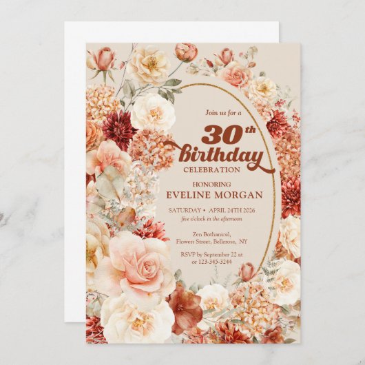 ボホテラコッタの花々の30歳の誕生日 招待状 (正面/裏面)