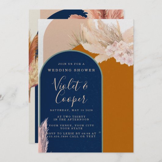 ボホテラコッタアンドネイビーアーチウェディングシャワー 招待状 (正面/裏面)