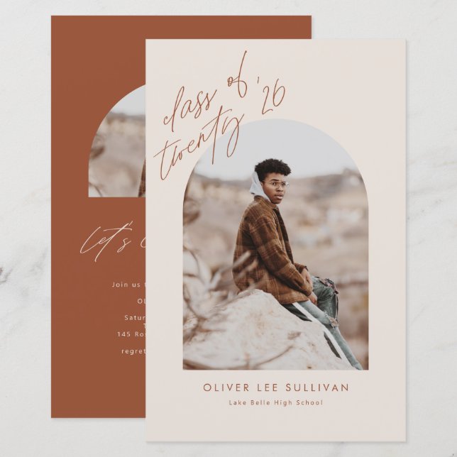 ボホテラコッタアーチ写真卒業招待状 (正面/裏面)