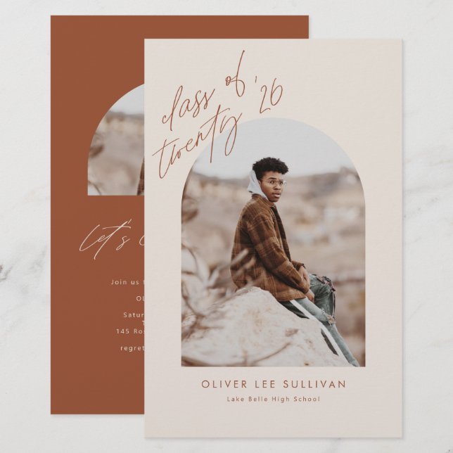 ボホテラコッタアーチ写真卒業招待状 (正面/裏面)