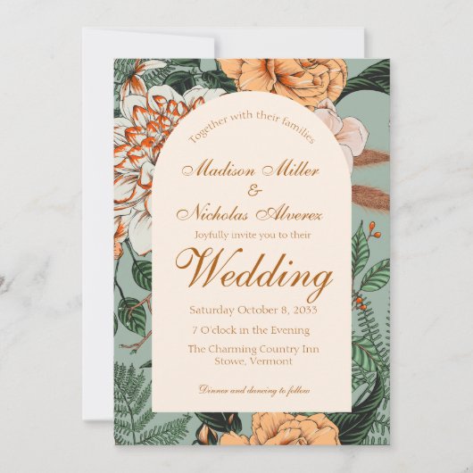 ボホテラコッタセージフローラアーチモノグラム結婚ズ 招待状 (正面)