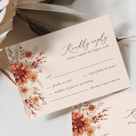 ボホテラコッタダリアワイルドフラワーエレガントな結婚式 出欠カード