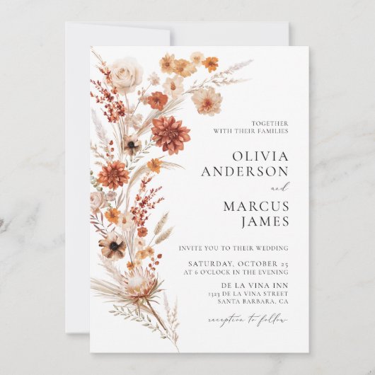 ボホテラコッタダリアワイルドフラワーエレガントな結婚式 招待状 (正面)