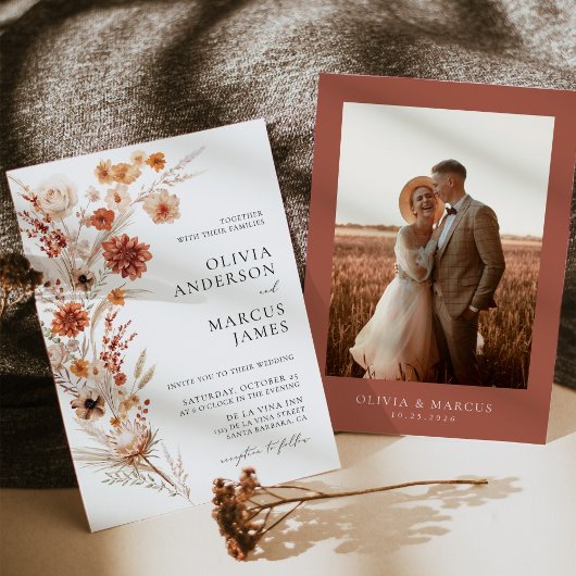 ボホテラコッタダリアワイルドフラワーエレガントな結婚式 招待状