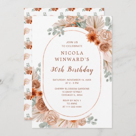 ボホテラコッタパンパスグラスバースデーパーティー 招待状 (正面/裏面)