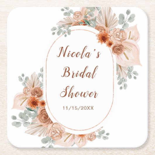 ボホテラコッタパンパスグラスブライダルシャワー スクエアペーパーコースター (正面)