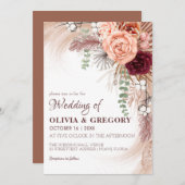 ボホテラコッタパンパスフローラブルゴーニュ結婚ーズ 招待状 (正面/裏面)