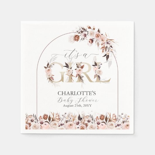 ボホテラコッタピンクフローラガールベビーシャワー スタンダードカクテルナプキン (正面)