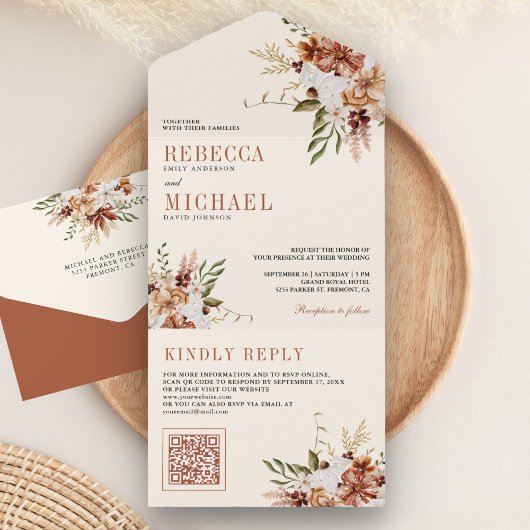 ボホテラコッタフローラワイルドフラワークリーム結婚ズ オールインワン招待状