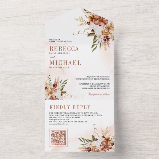 ボホテラコッタフローラワイルドフラワーホワイト結婚ズ オールインワン招待状 (内側)