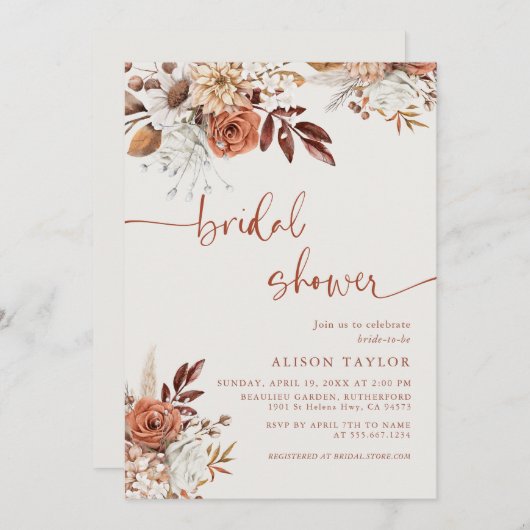 ボホテラコッタブライダルシャワークリームフローラ 招待状 (正面/裏面)