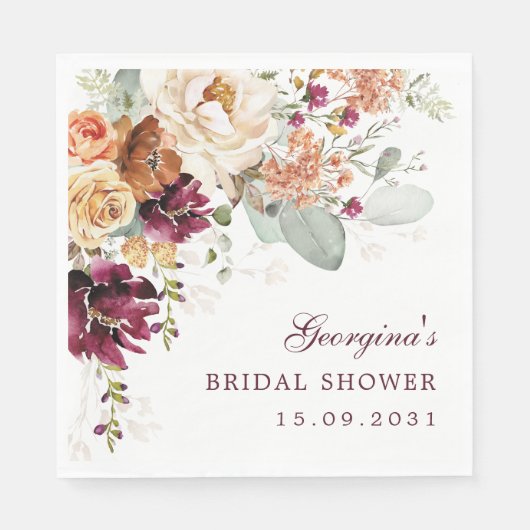 ボホテラコッタマルーンフローラブライダルシャワー スタンダードランチョンナプキン (正面)