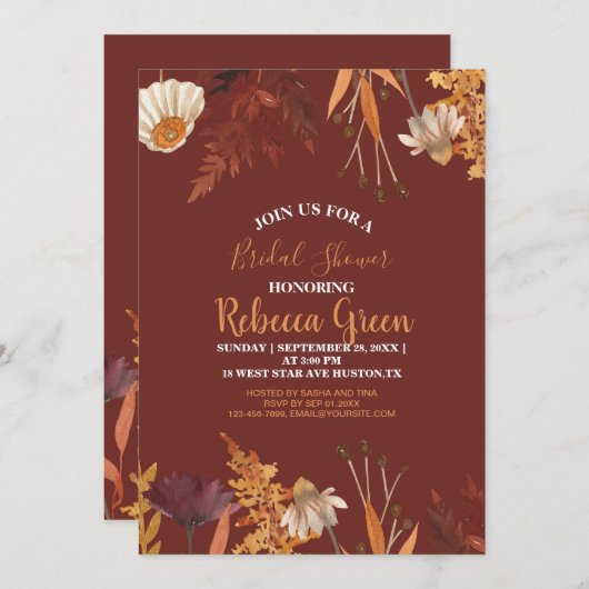 ボホテラコッタワイルドフラワーオータムブライダルシャワー 招待状 (正面/裏面)
