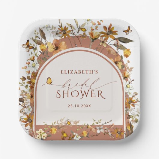 ボホテラコッタワイルドフラワーズアーチブライダルシャワー ペーパープレート (正面)