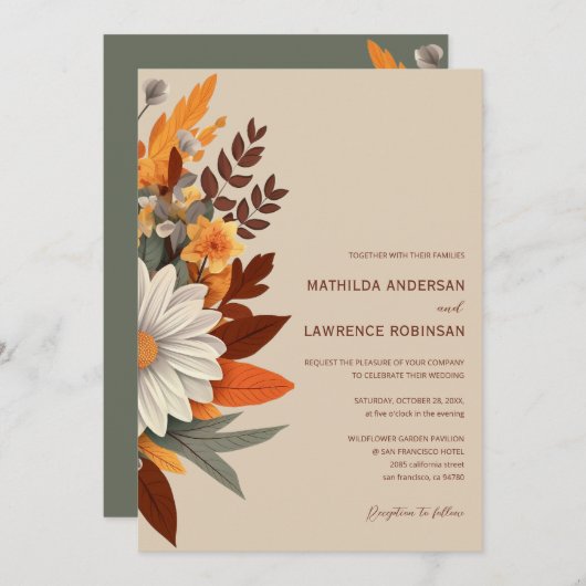 ボホテラコッタワイルドフラワーフローラ秋の結婚式 招待状 (正面/裏面)