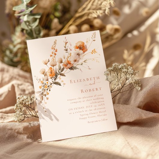 ボホテラコッタ焼きオレンジ色の野結婚花の 招待状