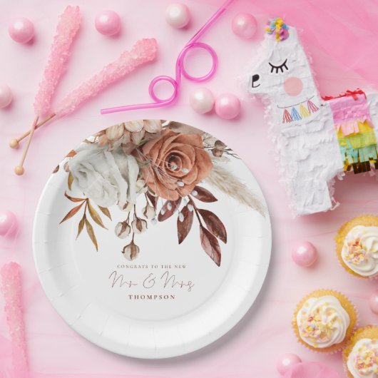 ボホテラコッタ花模様おめでとうミセス結婚ズ ペーパープレート (パーティー)