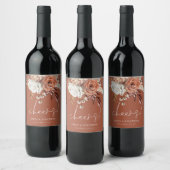 ボホテラコッタ花模様応援名ブラウン結婚ズ ワインラベル (ボトル)