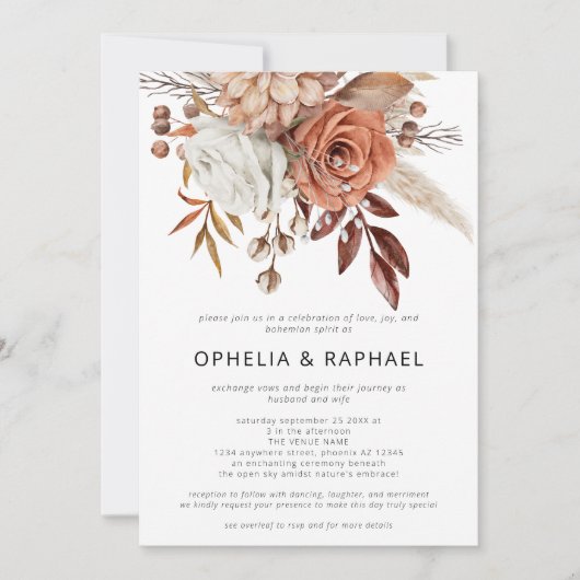 ボホテラコッタ花模様QRコードボヘミアン結婚ズ 招待状 (正面)