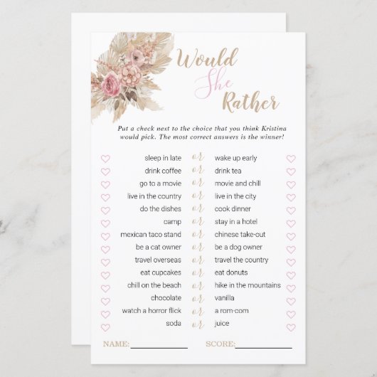 ボホテーマブライダルシャワー彼女はむしろゲーム (正面/裏面)